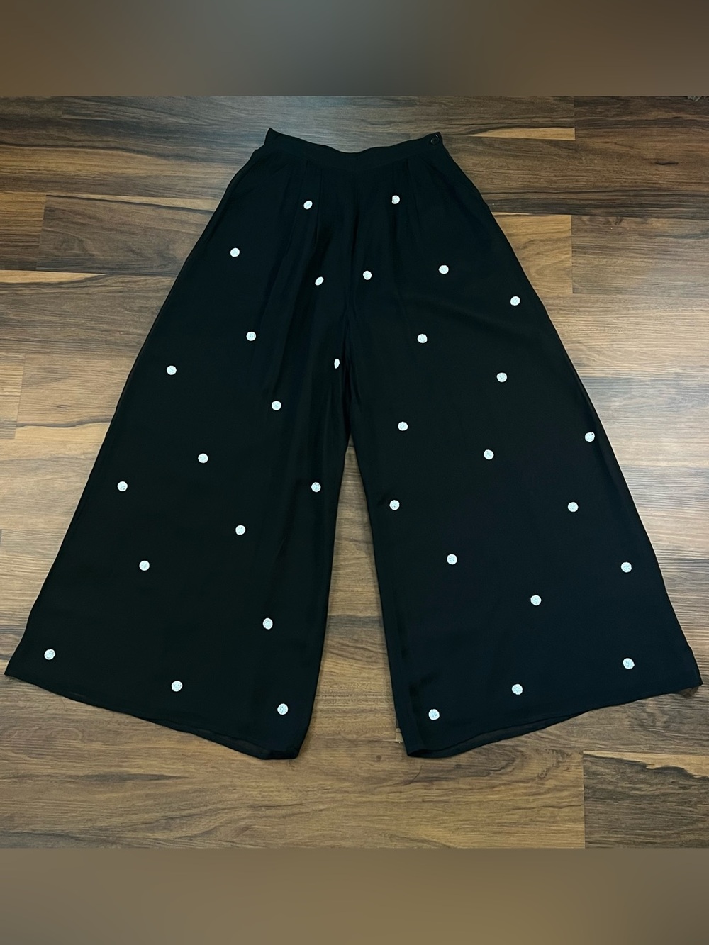 Adrienne Vittadini silk chiffon wide let pants with white beaded polka dots